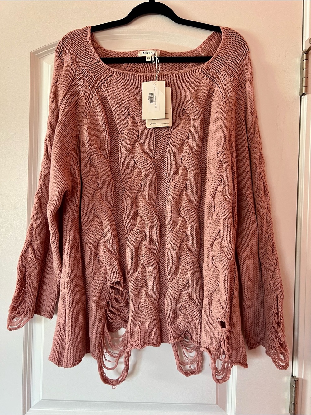 Miracle Dusty Rose Cable-Knit Distressed Scoop Neck Sweater